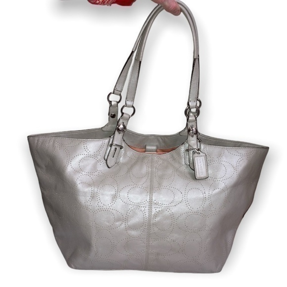 Coach light gray perforated signature c Carly leather tote bag